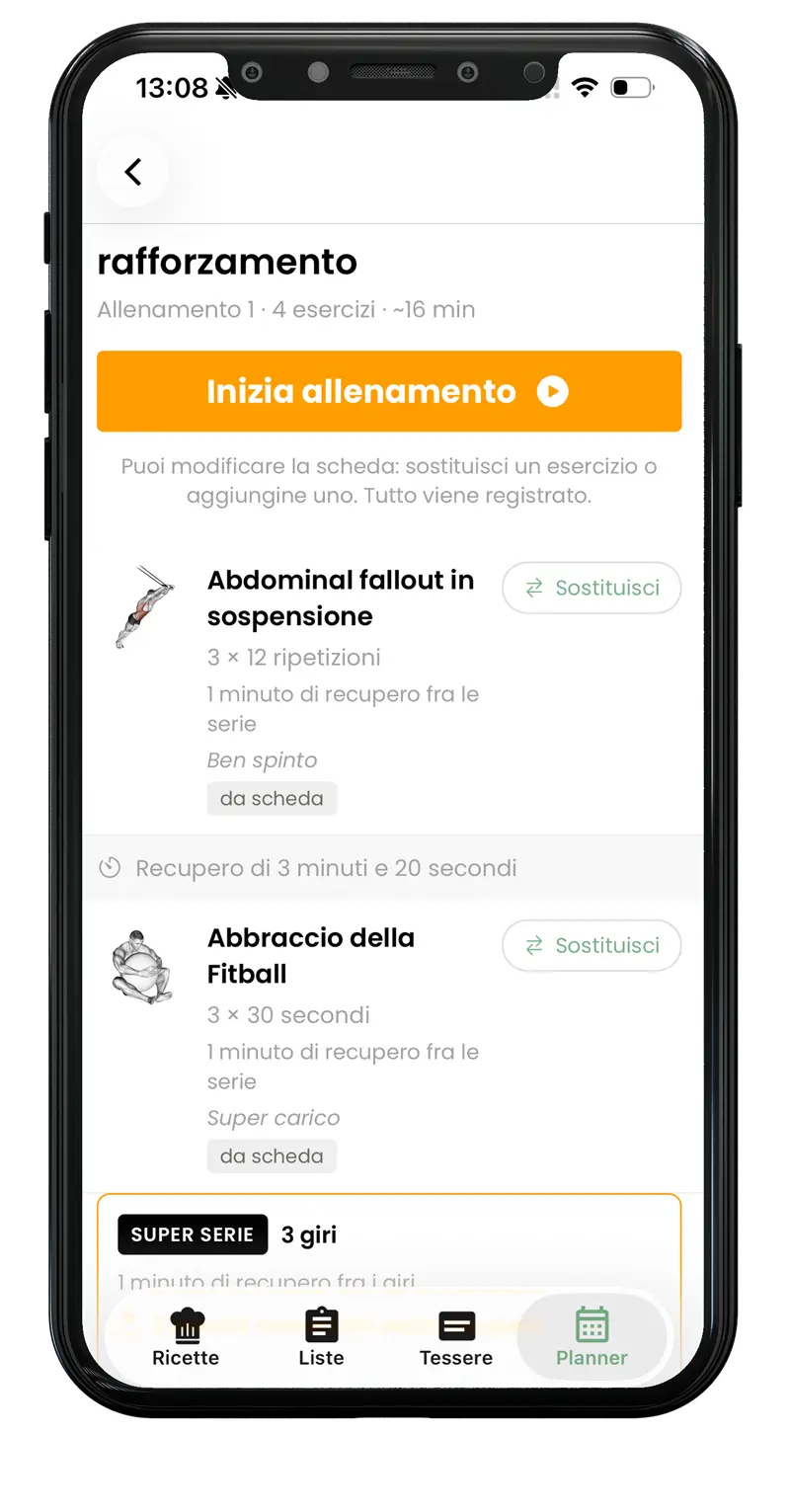 Una scheda di allenamento nell'app del paziente
